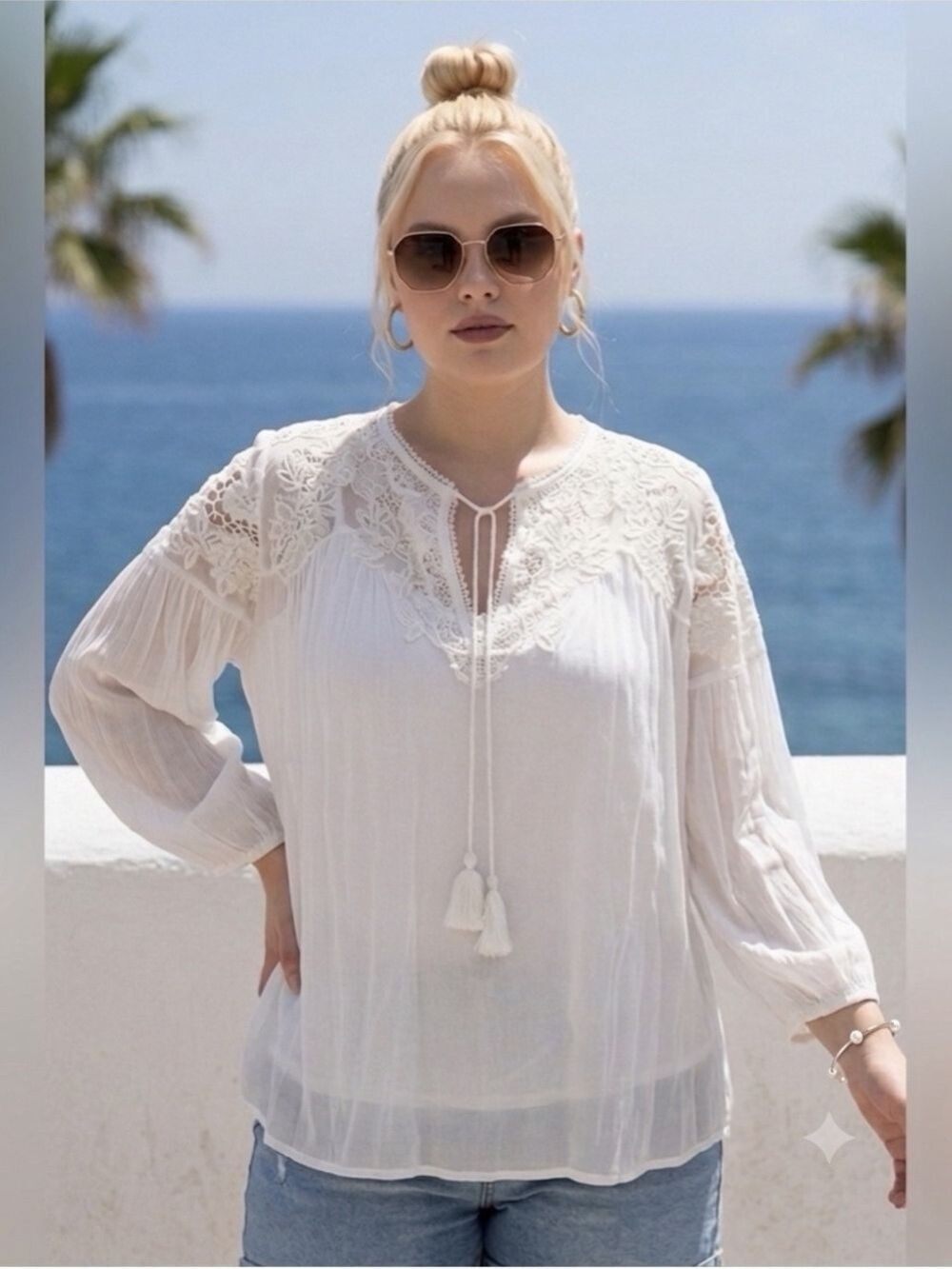 NWT Chico's White Embroidered & Beaded Tassel Blouse - Size 1 (M) + FREE GIFT